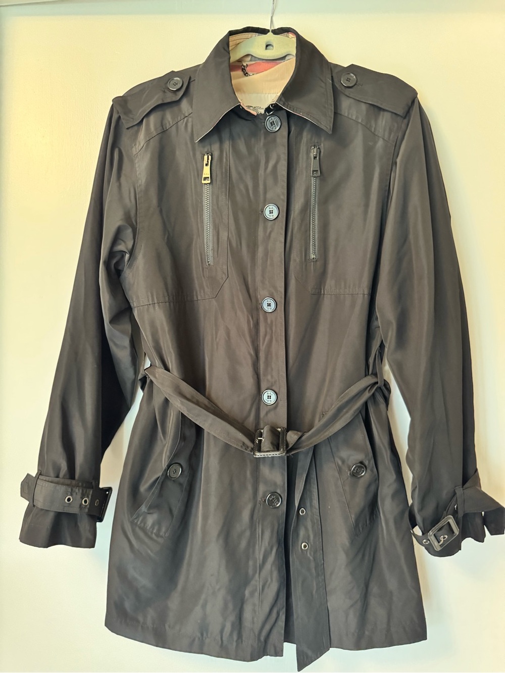 Burberry London Black Nova Check Lined Belted Trench Coat Jacket M